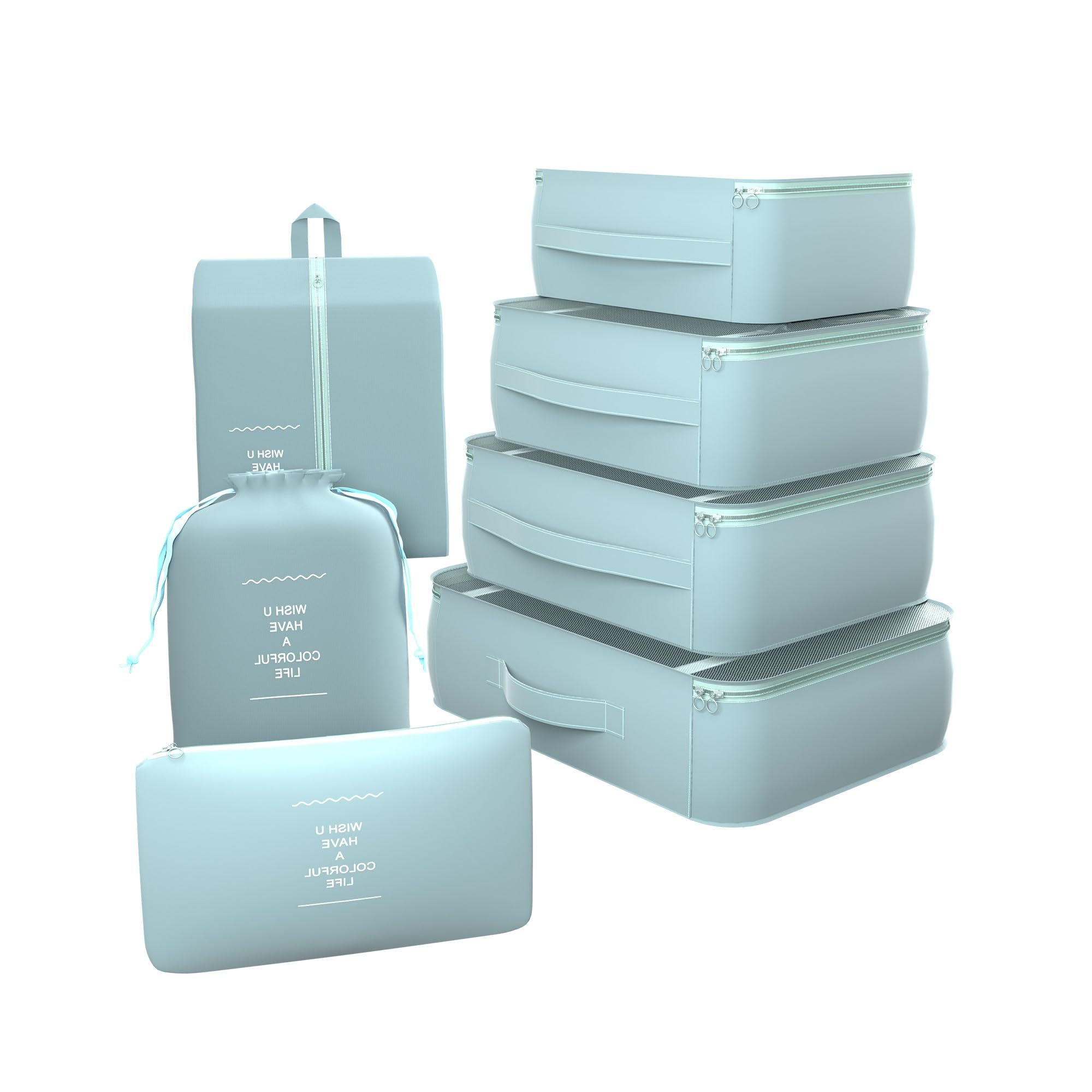 Set of 7 Travel Organizer | 3 Packing Cubes + 3 Pouches + 1 Toiletry Bag | Travel Luggage Organizer | Luggage Bag for Bra-Pantry-Socks-Shoe-Cosmetics | ZH025LB | Light Blue-image-11