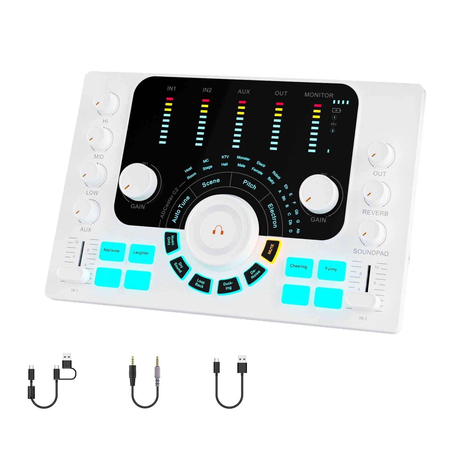 Controlador de DJ, Interfaz C2, kit de equipo de podcast: mezclador de podcast dual XLR de 6,35/3,5 mm con Bluetooth 5.3(Bianco)