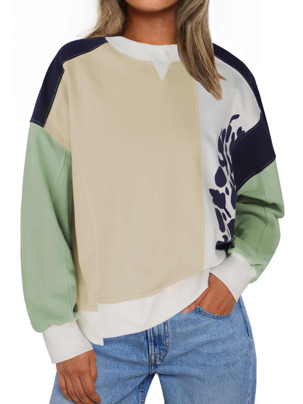 ECOWISH Oversized Sweatshirt for Women Color Block Crewneck Long Sleeve Shirts Casual Workout Pullover Tops Fall Clothes