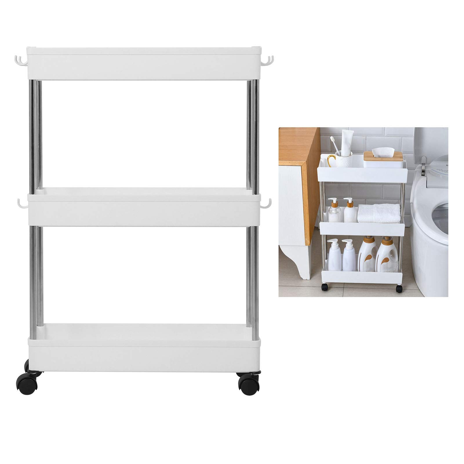 Chariot de Rangement Multicouche Fin, Chariot Roulant, Chariot de Service, étagère Mobile, Organisateur pour Cuisine, Salle de Bain, buanderie, Plastique Durable, Acier INOX (Etagère en Acier