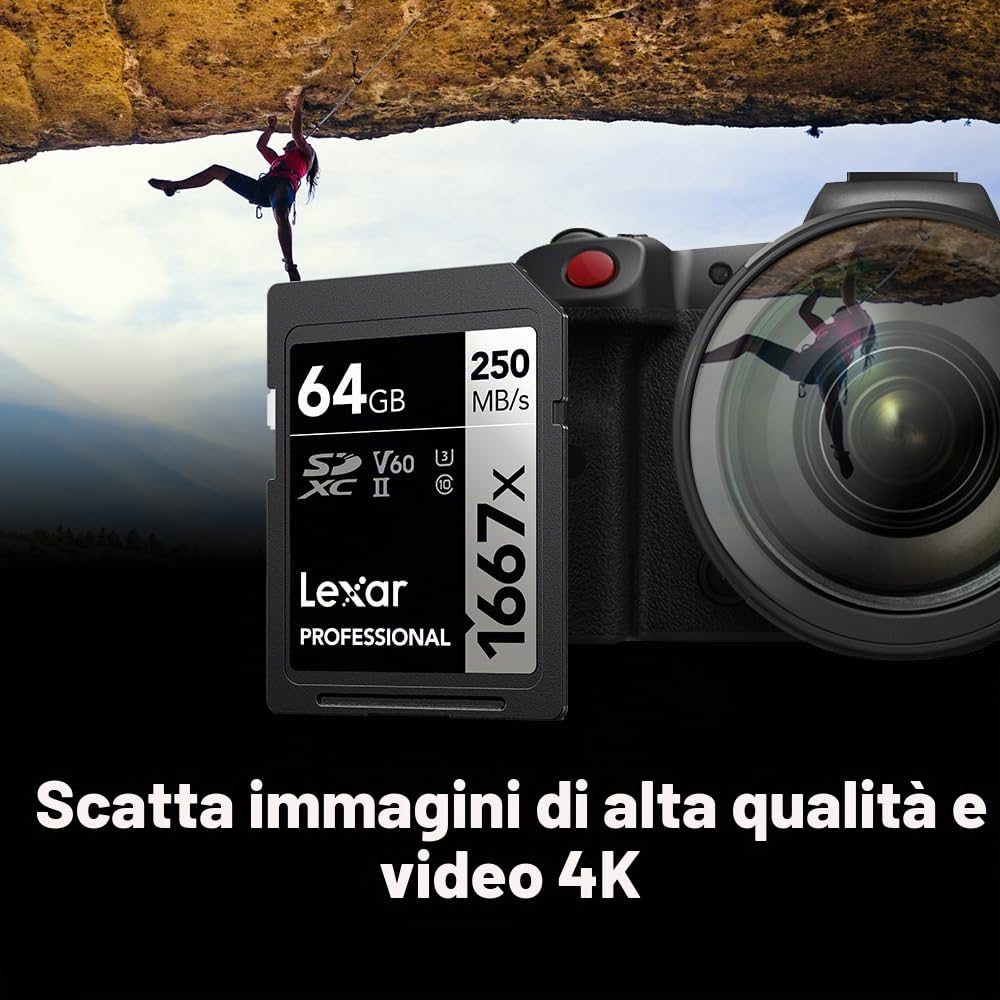 Lexar Schede di memoria professionali SDXC UHS-II, 1667 x 64 GB, C10, U3, V60, video Full HD e 4K, fino a 250 MB/s in lettura, per fotografi professionisti, videografi e appassionati (LSD64GCBNA16672)