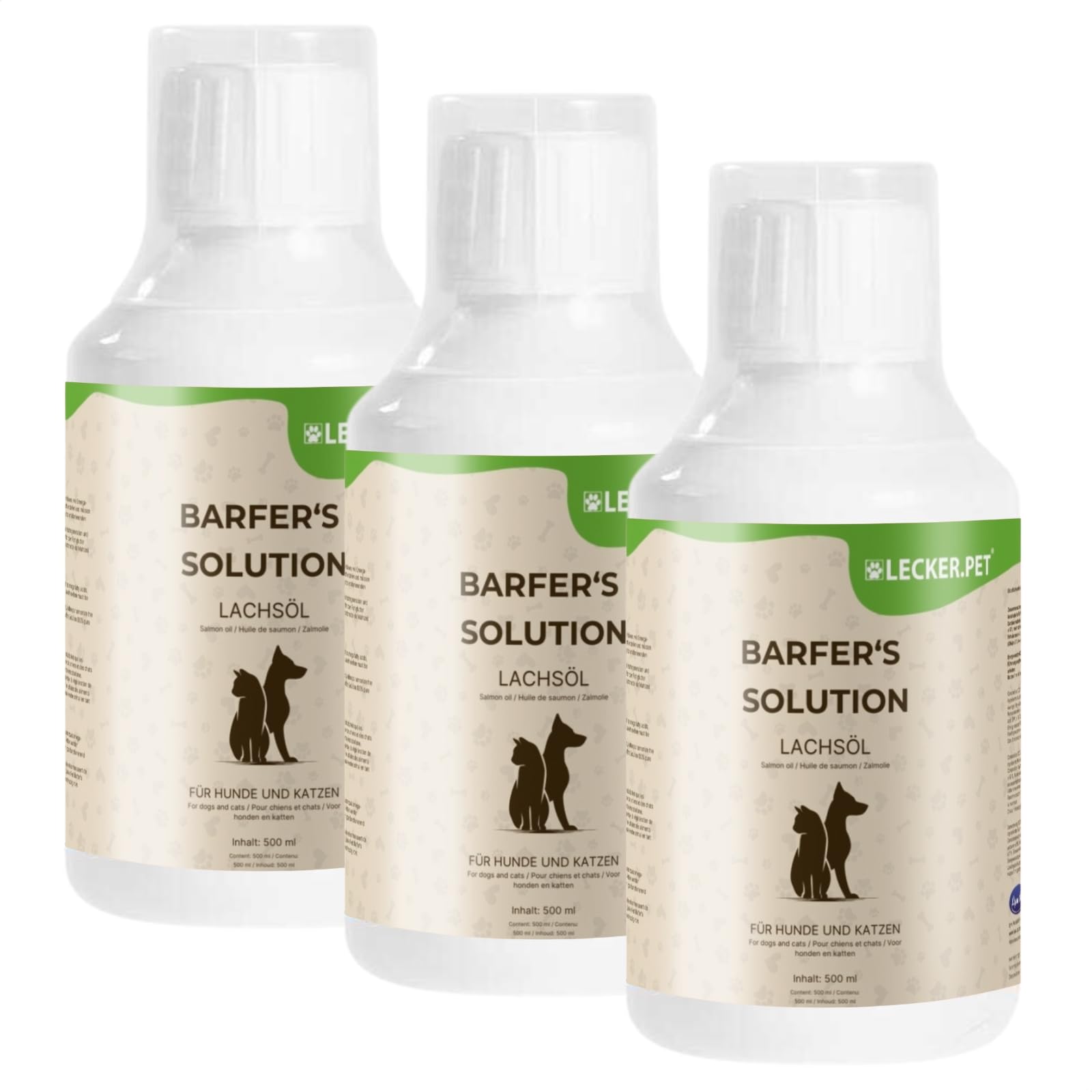 Lecker.Pet® 3 x 500 ML Barfer's Solution 100% Huile de Saumon pour Chiens & Chats | Acides Gras Essentiels | Complément nutritif pour Aliments pour Chiens & Chats | Fabriqué à partir de Saumon Frais