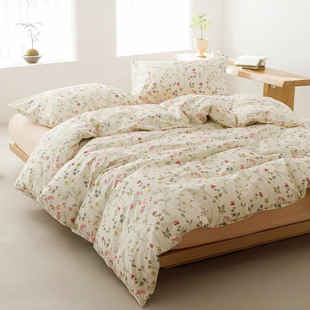 Covebett Pink Floral Duvet Cover 100% Cotton King White Pink Colourful Flowers Meadow Luxury Breathable Cotton Bedding Set Comforter Cover 220x230 cm with Zipper Closure and 2 Pillowcases 50x75 cm - Image 4