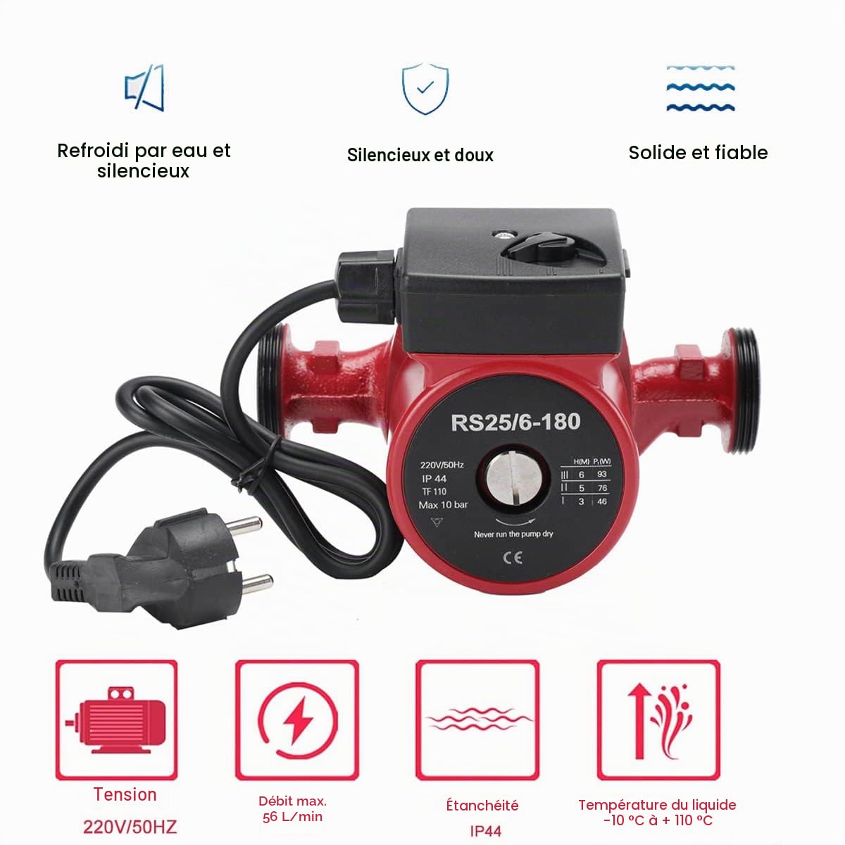 Circulateur de Chauffage Pompe de Circulation, Circulateur Eau Chaude Sanitaire Pompe de Chaudiere Pompe Chaleur de Piscine Réchauffeur, RS25/6-180 3 Interrupteurs de Vitesse