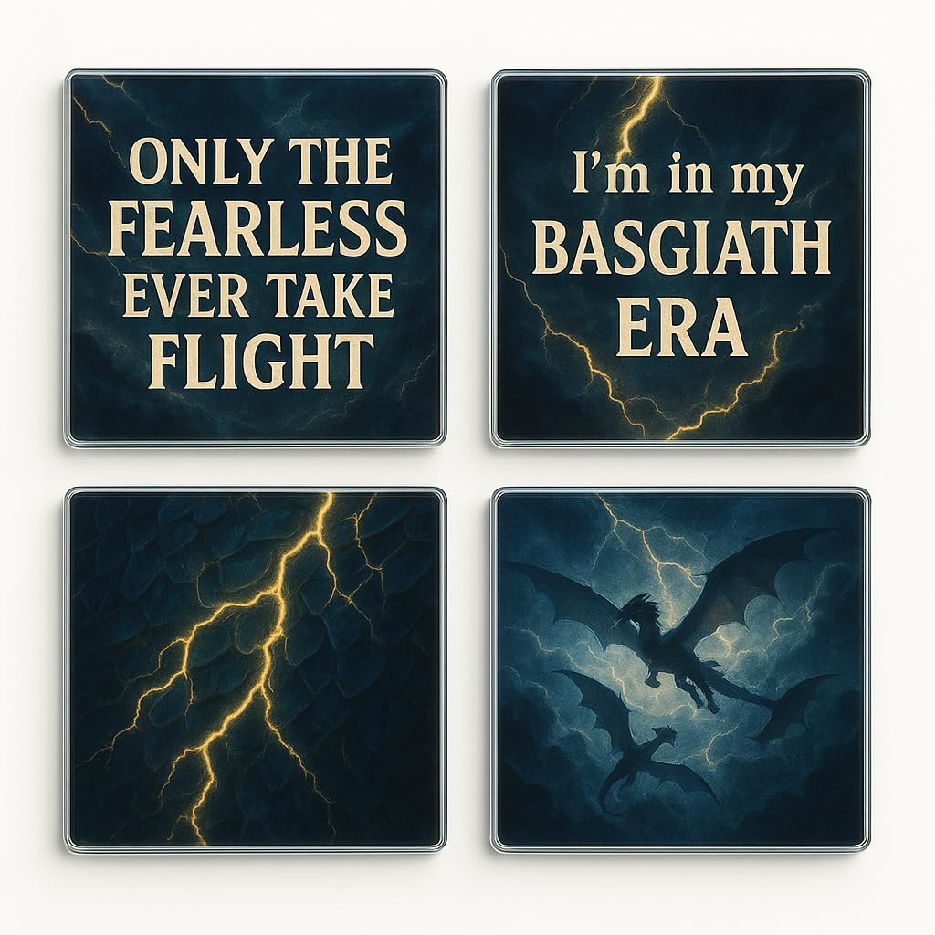 The Plum Penguin Riders Of The Storm Acrylic Coaster Gift Set Of 4 With Dragon Flight Design - Stormy Romantasy Home Decor For Bookish Aesthetic Enthusiasts