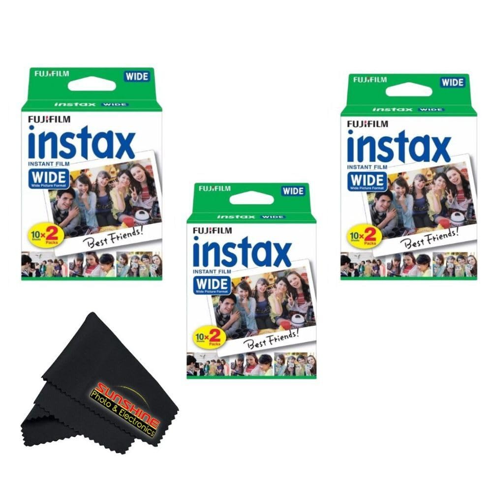 Fujifilm Instax Wide Instant Film Twin Pack with Sunshine Photo Microfiber Cloth... (3 Pack-60 Sheets)