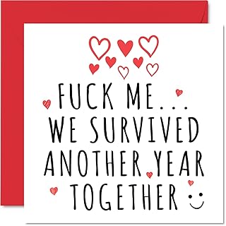 Funny Anniversary Card for Her Him - F**k Me We Survived Another Year - Wedding Anniversary Card for Husband Wife, 145mm x 145mm Greeting Cards, Valentines Card Girlfriend Boyfriend Partner Fiancé