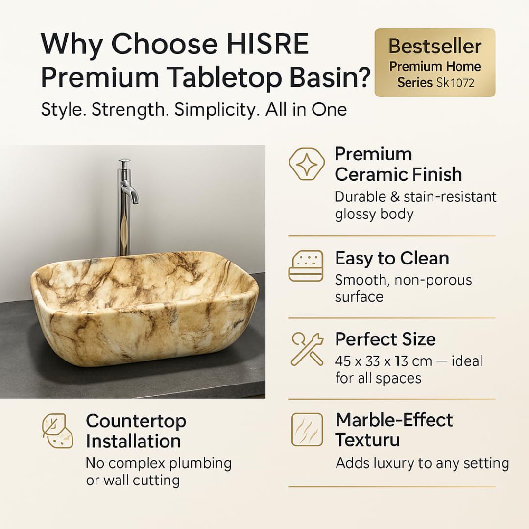 HISRE Table Top Wash Basin For Bathroom | Over Counter Top Wash Basin For Living Room | Washbasin Countertop | Tabletop Ceramic Bathroom Kitchen Sink (45 x 33 x 13 CM) (White - SKT1072), photo 5 of 5