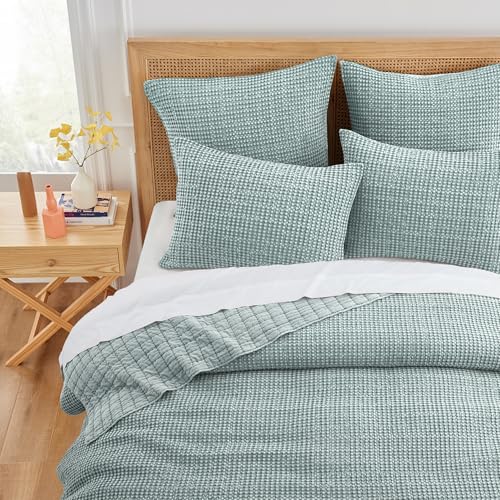 Image of Levtex Home Mills Waffle King /Cal King Quilt Set (106x92in) with 2 Pillow Shams (36x20in) - Spa - Cotton Waffle King Size Quilt Bedding Set - Lightweight, Soft, Pre-Washed