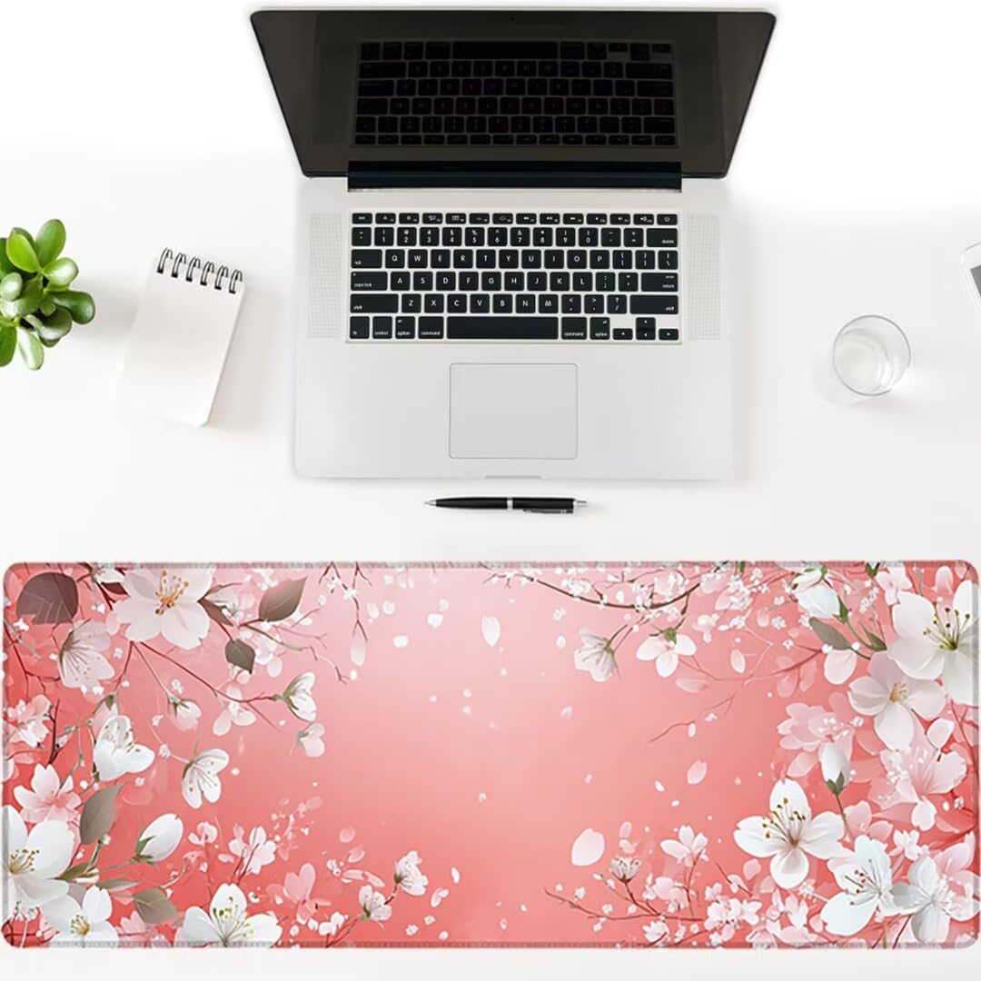 Podkładka pod mysz XXL Kwiaty Wiśni - 1400x600x3mm - Różowa Duża mata na biurko z przeszytymi krawędziami i antypoślizgowa Wodoodporna do PC, przenośna poprawia precyzję i szybkość -36502