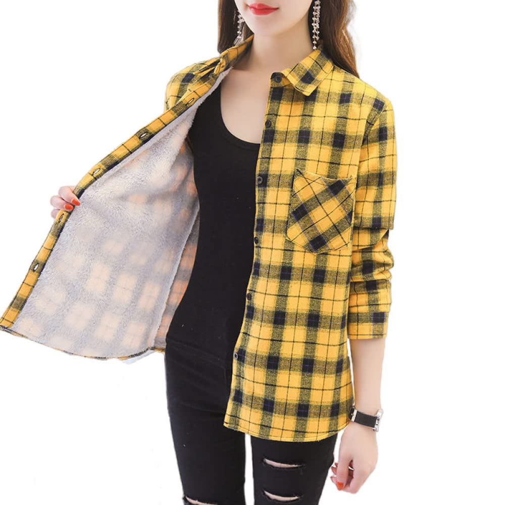 MIDJ Bluse Damen,Damenhemd Flanell Sherpa Baumwolle Gelb Und Schwarz Schlichte Karierte Hemden Langarmhemden Schicke Hemden Dicke Leichte Jacken Holzfällerhemden