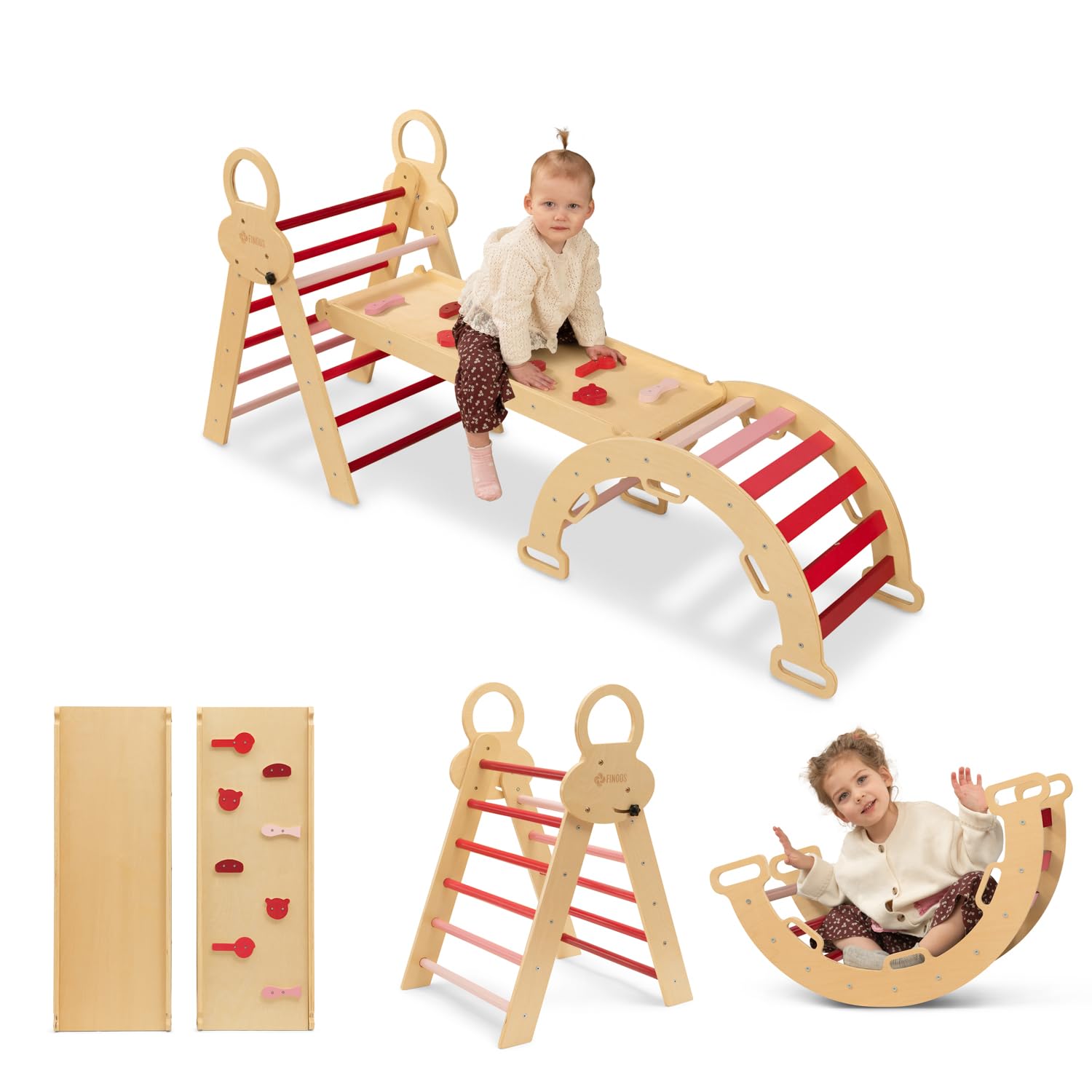 FINOOS Montessori - Set da gioco per interni, struttura da arrampicata 7 in 1 con scivolo e arco per bambini piccoli, rampa su entrambi i lati, triangolo da arrampicata, arco da arrampicata (1-3 anni