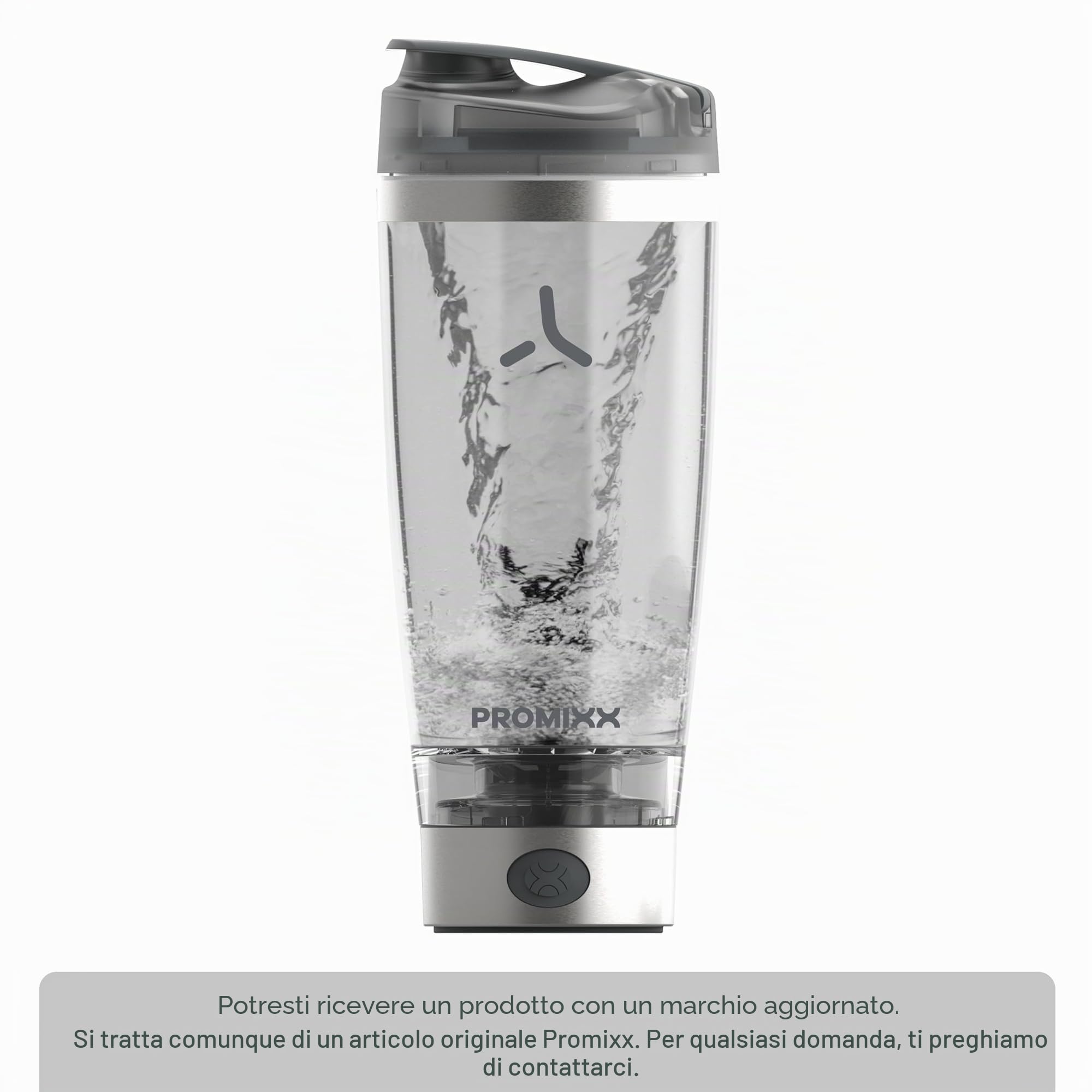 Promixx Pro Shaker Elettrico – 600ml – Acciaio Inox Mixer Vortex Ricaricabile USB-C con X-Blade e Contenitore Integratori – Shaker Senza BPA Facile da Pulire per Fitness e Viaggi – Argento/Grigio