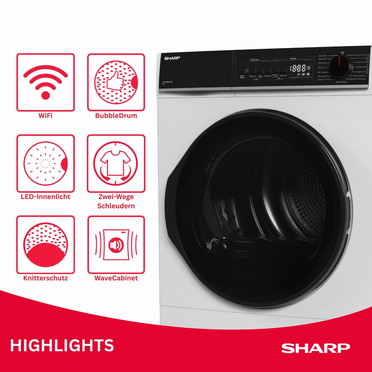 Sharp KD-PRO8S7GWC-DE Wäschetrockner, 8kg, C, WiFi, 15 Trockenprogramme inkl. 20-Minuten-Schnelltrockenprogramm, Weiß