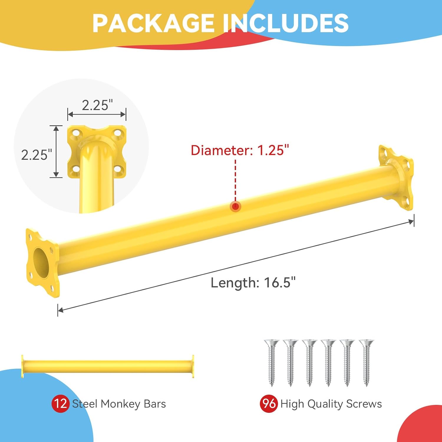 16.5 Inch Monkey Bars Kit Playground Monkey Bar Ladder Rungs for Backyard Indoor Outdoor Metal Monkey Bars Swing Set Playset Accessories (Yellow, 12 Pcs)