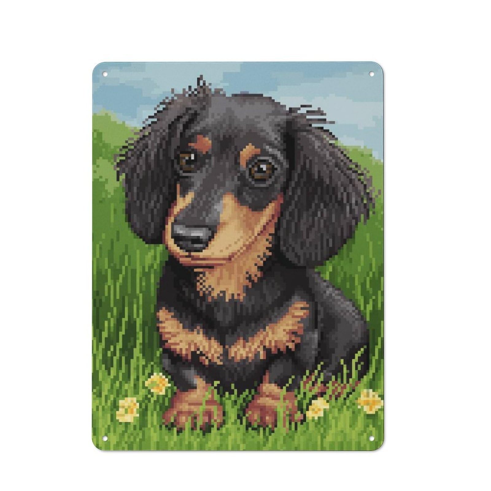 40x30cm Rustic Metal Plaque with Pixel Art Dachshund in Grass for Café Or Restaurant, for Themed Interiors in Cafés And Restaurants
