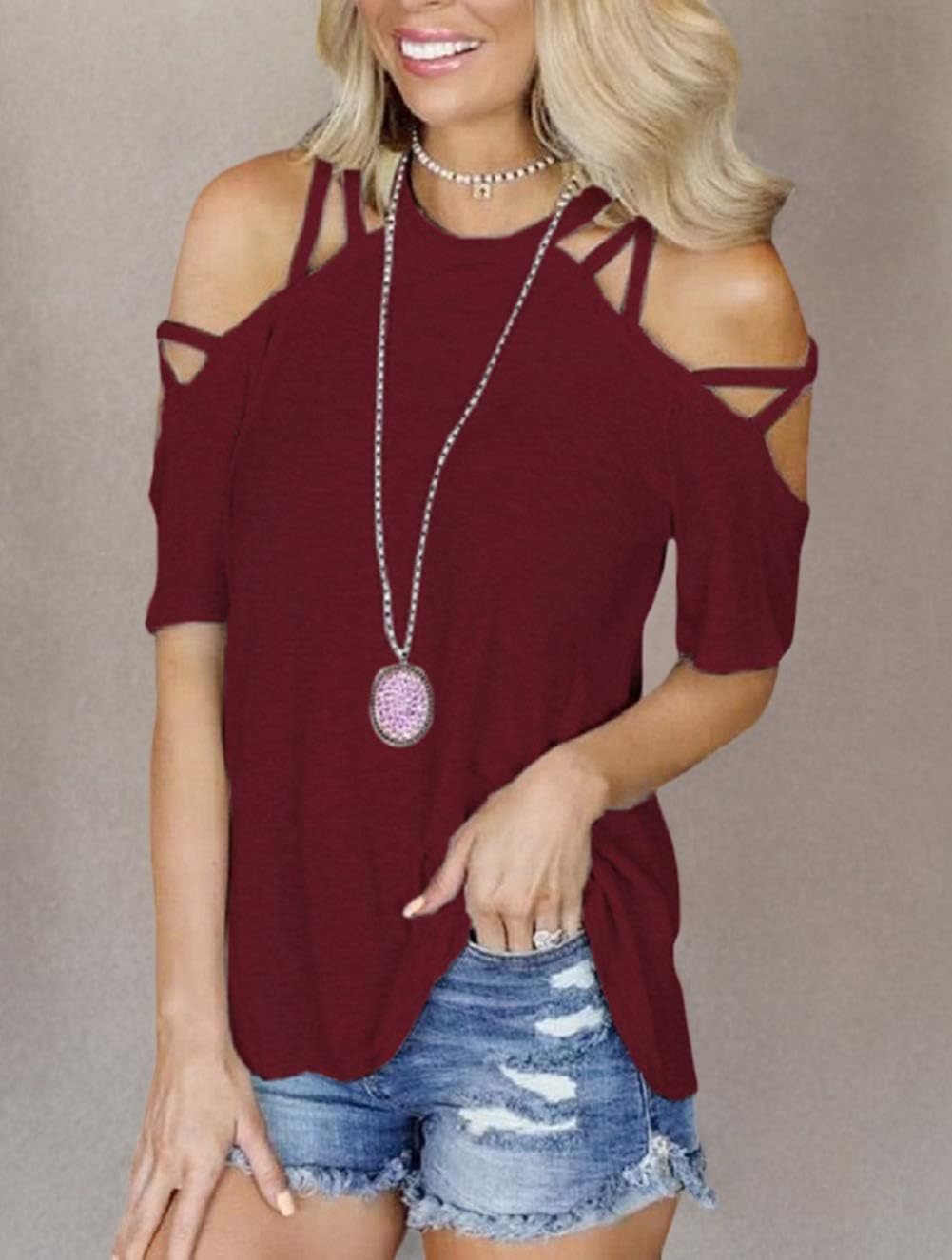 Off The Shoulder Tops for Women Sexy Short Sleeve Strappy Cold Shoulder T-Shirt - Image 5