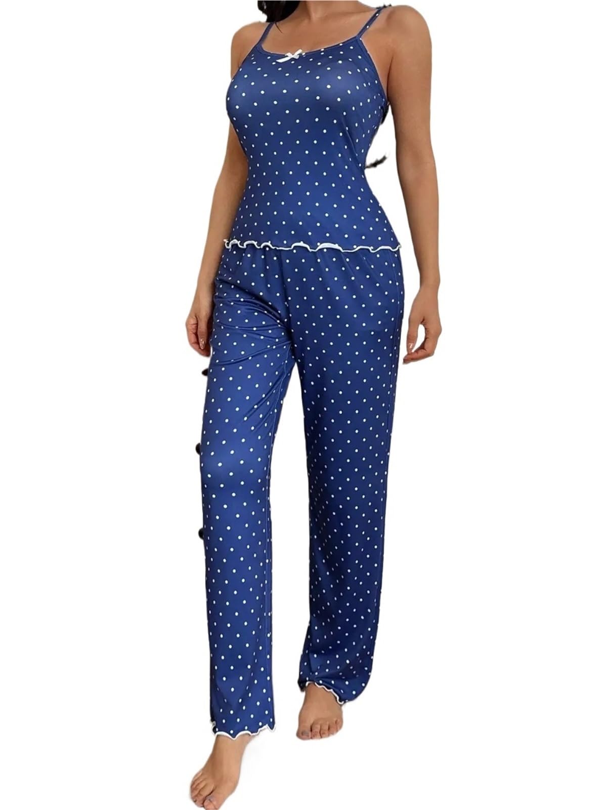 Conjunto de 2 Piezas Pijama Cuatro Estaciones for Mujer, Camiseta sin Mangas y Pantalones Largos Informales cómodos con Estampado Lunares para Descanso en casa