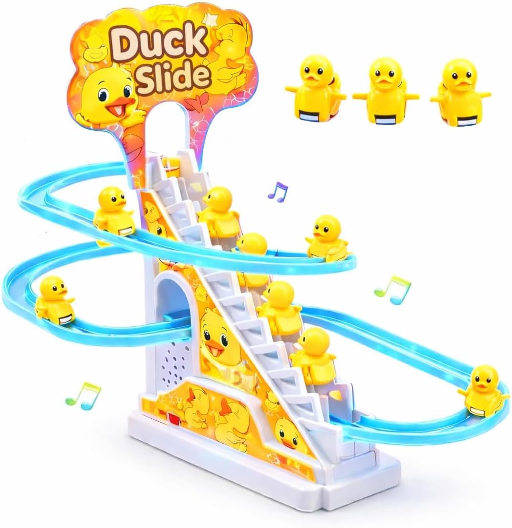 TEC TAVAKKAL Duck Slide Toy Set, Funny Automatic Stair-Climbing Ducklings Cartoon Race Track Set Little Lovely Duck Slide Toy Escalator Toy with Lights and Music (Duck Track Set)
