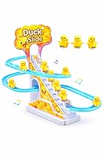 TEC TAVAKKAL Duck Slide Toy Set, Funny Automatic Stair-Climbing Ducklings Cartoon Race Track Set Duck Roller Coaster Escalator Toy with Flashing Lights & Music (Duck Slide Track Set)