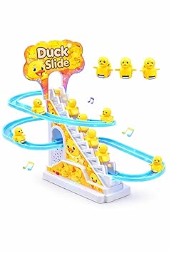 TEC TAVAKKAL Duck Slide Toy Set, Funny Automatic Stair-Climbing Ducklings Cartoon Race Track Set Duck Roller Coaster Escalator Toy with Flashing Lights & Music (Duck Slide Track Set)