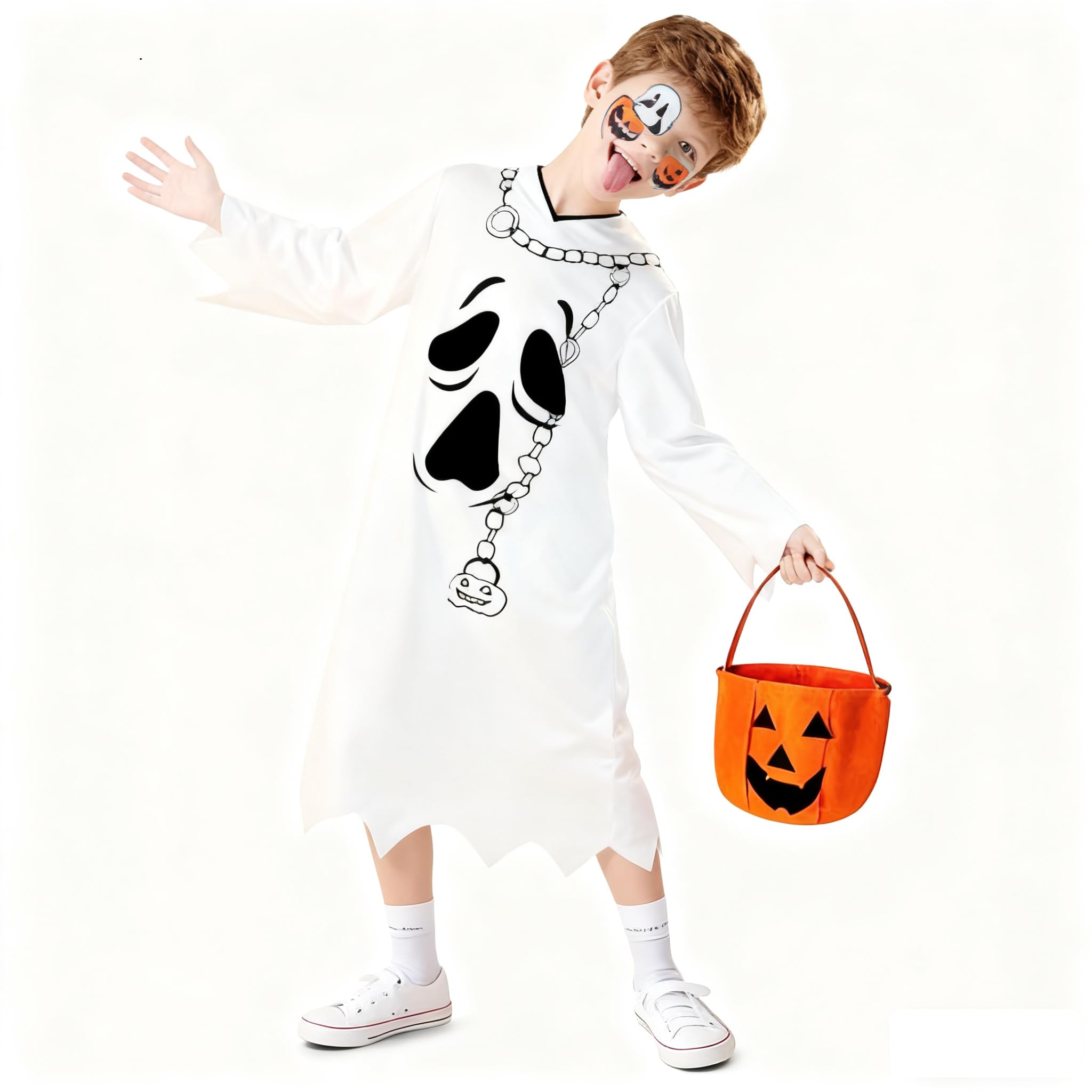 Joxessaien Ghost Costume Kids, Ghost Outfit with White Hooded for KidsToddler Girl Boy, Halloween Costume Childrens Ghost Costume for Party Cosplay with Pumpkin Bucket