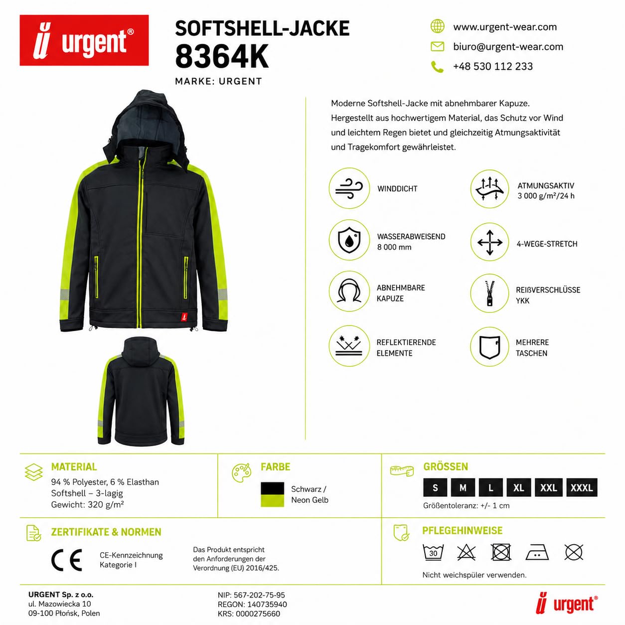 Urg ent softshell kurtka robocza GL-8364, wodoszczelna, wiatroszczelna, oddychająca, izolowana, z zamkiem błyskawicznym, kurtka funkcyjna, męska, outdoorowa, trekkingowa, elastyczna, czarna z żółtymi elementami; czarny czarny L