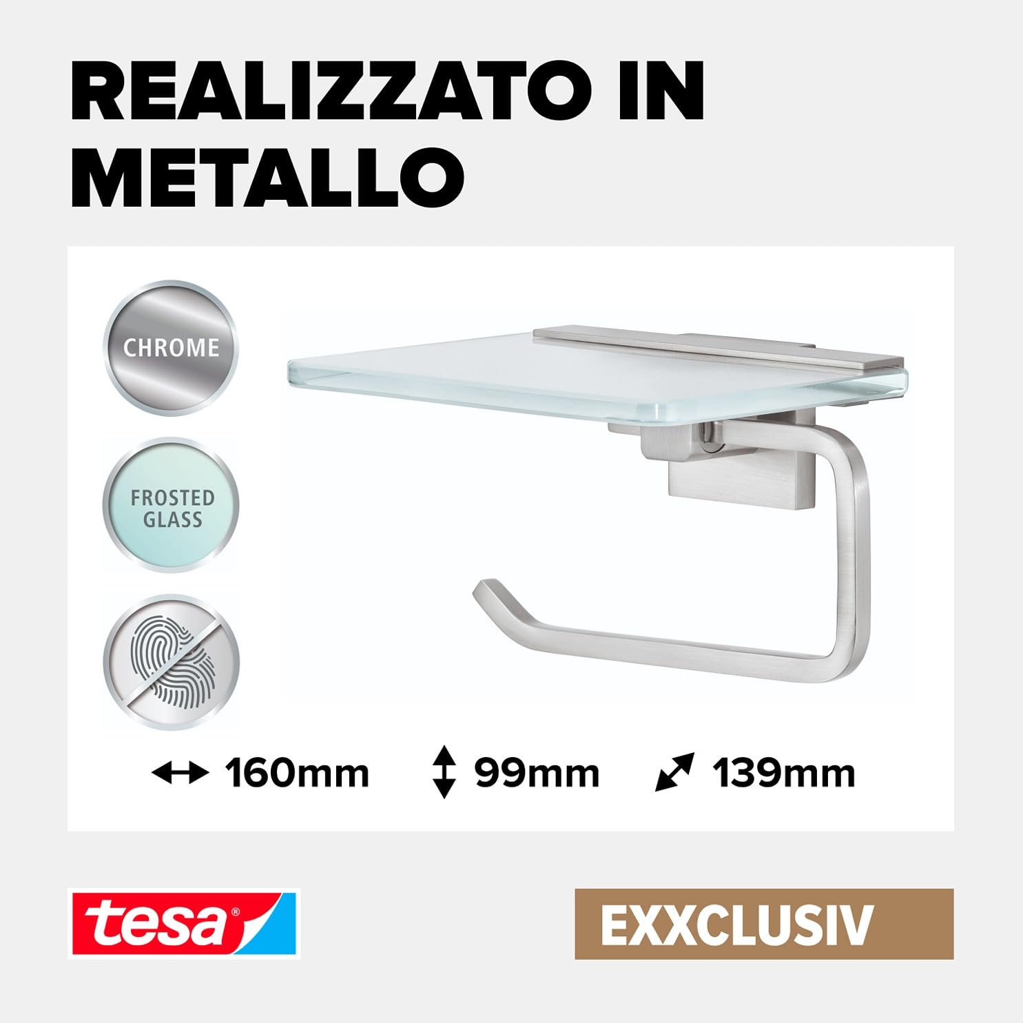Tesa Exxclusiv Scopino WC, Autoadesivo, Look Acciaio Inox, Design Sofisticato, Inox Assicurato, 445mm x 98mm x 138mm