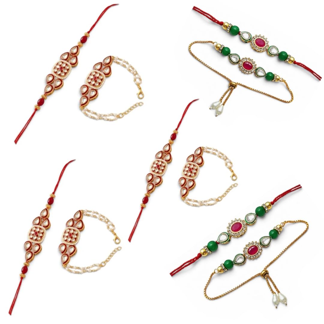 Sweksha Creations Designer Kundan Meenakari Rakhi Bracelet Combo (5 Pair)-image-33