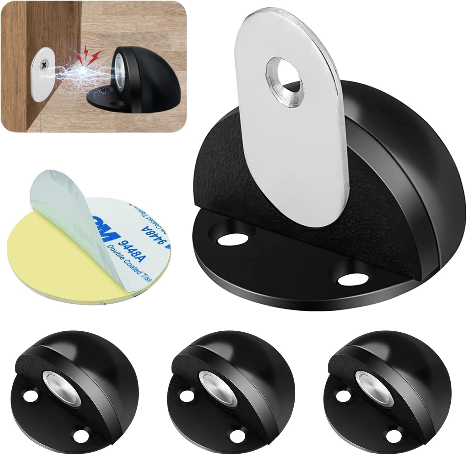 Door Stoppers, Adhesive Magnetic Door Stops Black Door Stoppers with Rubber Bumper Brushed Stainless Magnet Door Catch Holder Wall Protector, No Drill Floor Doorstops, 4 Pack