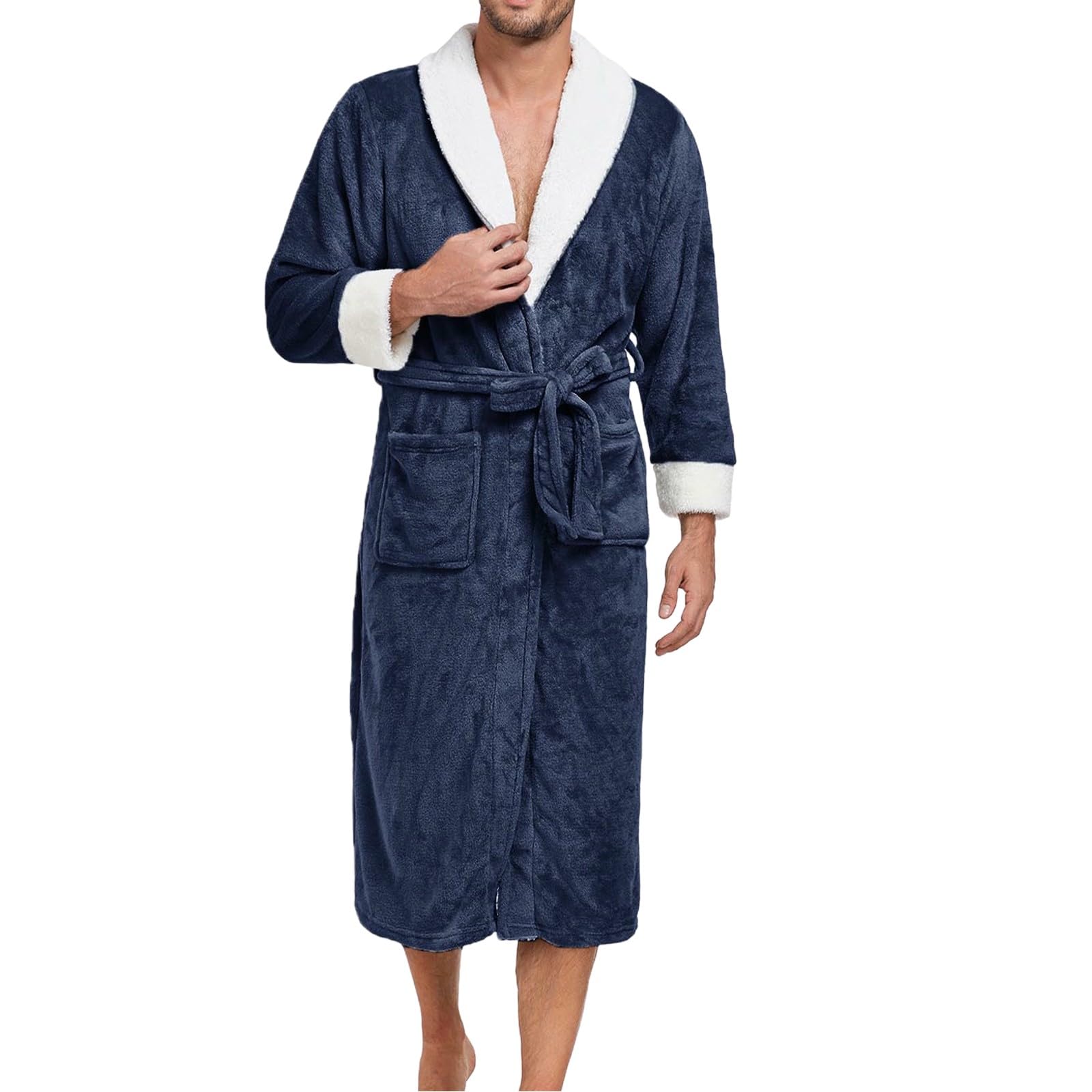Generisch Pyjama long en flanelle pour homme - Robe de chambre longue avec bretelles - Robe de nuit avec poches - Peignoir douillet - Vêtement de maison décontracté