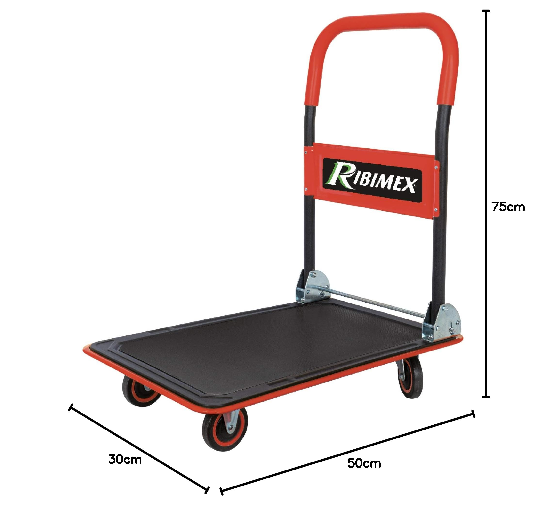 Ribimex Carrello Pieghevole da Trasporto Serie Pro, Capacità Massima 200 kg, 4 Ruote Piene in PVC con Rotazione Completa, Superficie in Lamiera d'Acciaio e Manico Ripiegabile - PRCDT150
