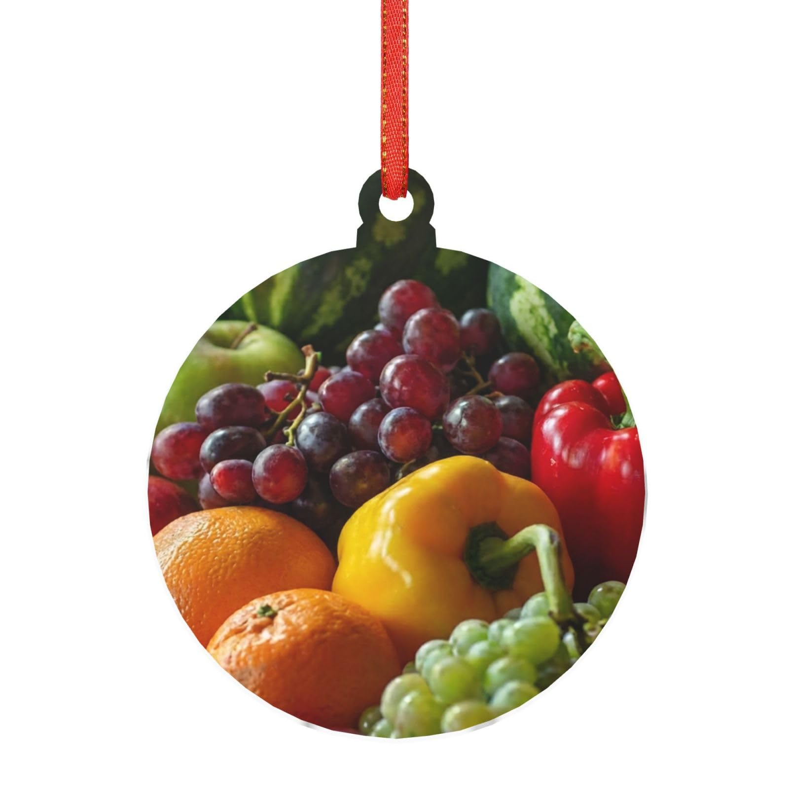 Acrylic Ornament Christmas Tree Decoration Clear Round Pendant with Red Ribbon Fruits and Vegetables Christmas Ornaments Indoor Outdoor Hanging Acrylic Pendants for Xmas Party Decor