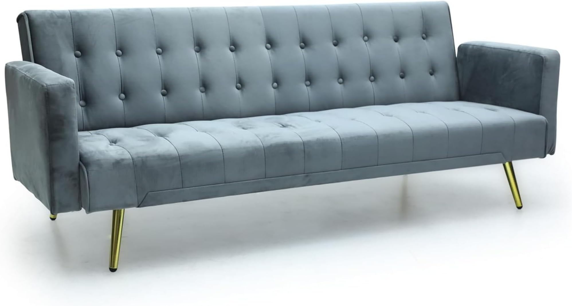 Multi Home Furniture Grey Velvet 3 Seater Sofa Cum Bed – Foldable Futon Sofa Bed with Golden Legs – Comfortable Couch Sofa for Living Room – Soft PU Velvet Sofa Bed 3 Seater for Small Spaces