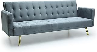 Multi Home Furniture Grey Velvet 3 Seater Sofa Cum Bed – Foldable Futon Sofa Bed with Golden Legs – Comfortable Couch Sofa for Living Room – Soft PU Velvet Sofa Bed 3 Seater for Small Spaces