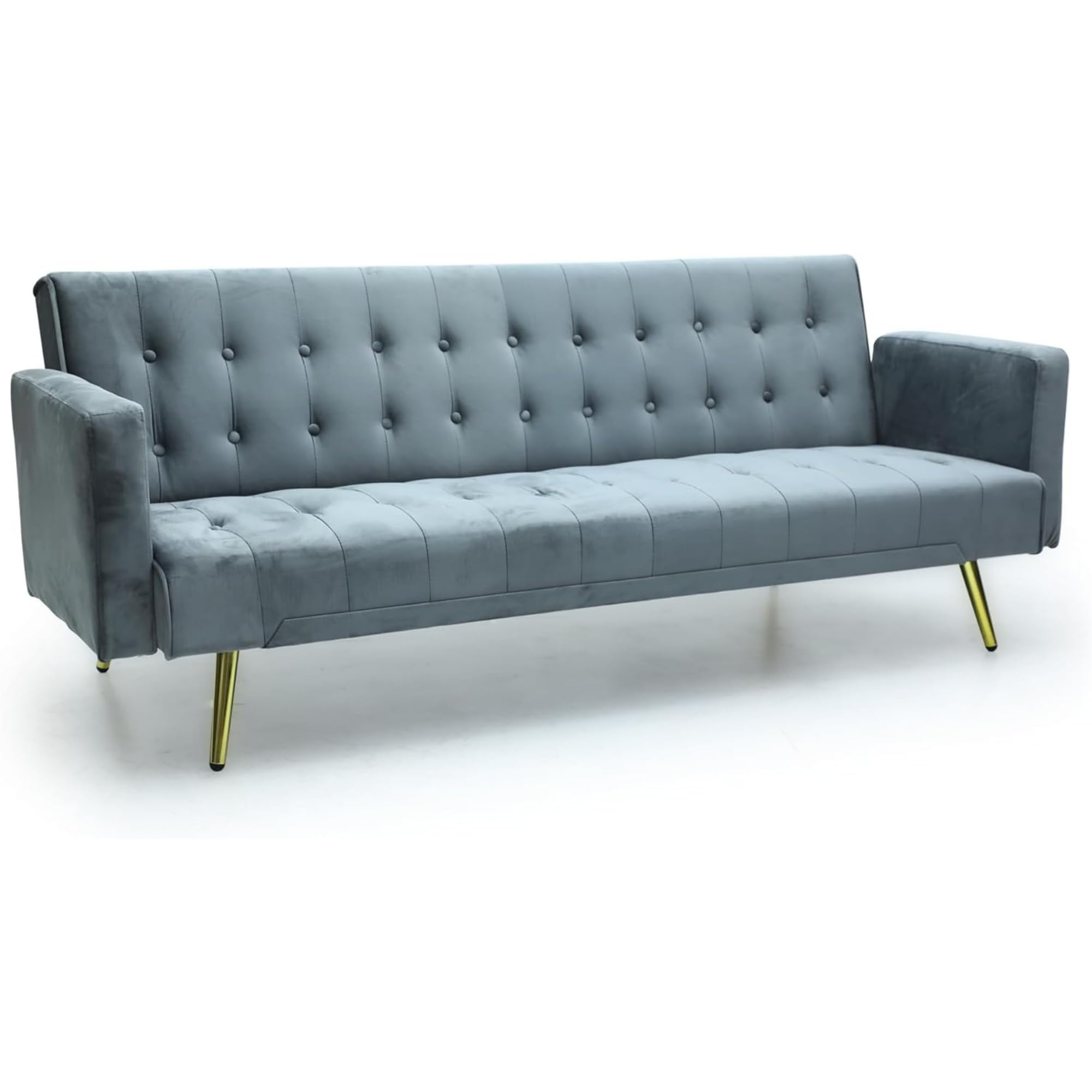 Multi Home Furniture Grey Velvet 3 Seater Sofa Cum Bed – Foldable Futon Sofa Bed with Golden Legs – Comfortable Couch Sofa for Living Room – Soft PU Velvet Sofa Bed 3 Seater for Small Spaces