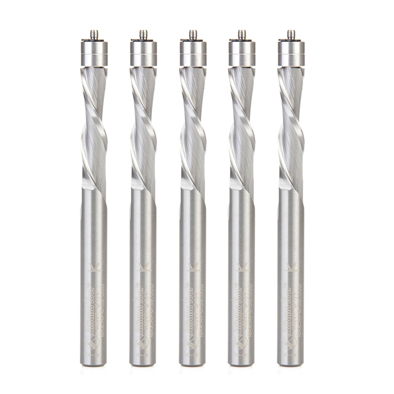 Amana Tool 46297-5 5-Pack Solid Carbide UltraTrim Spiral Trim 1/4 D x 1 CH x 1/4 SHK x 3 Inch Long w/ Double BB Down-Cut Router Bits