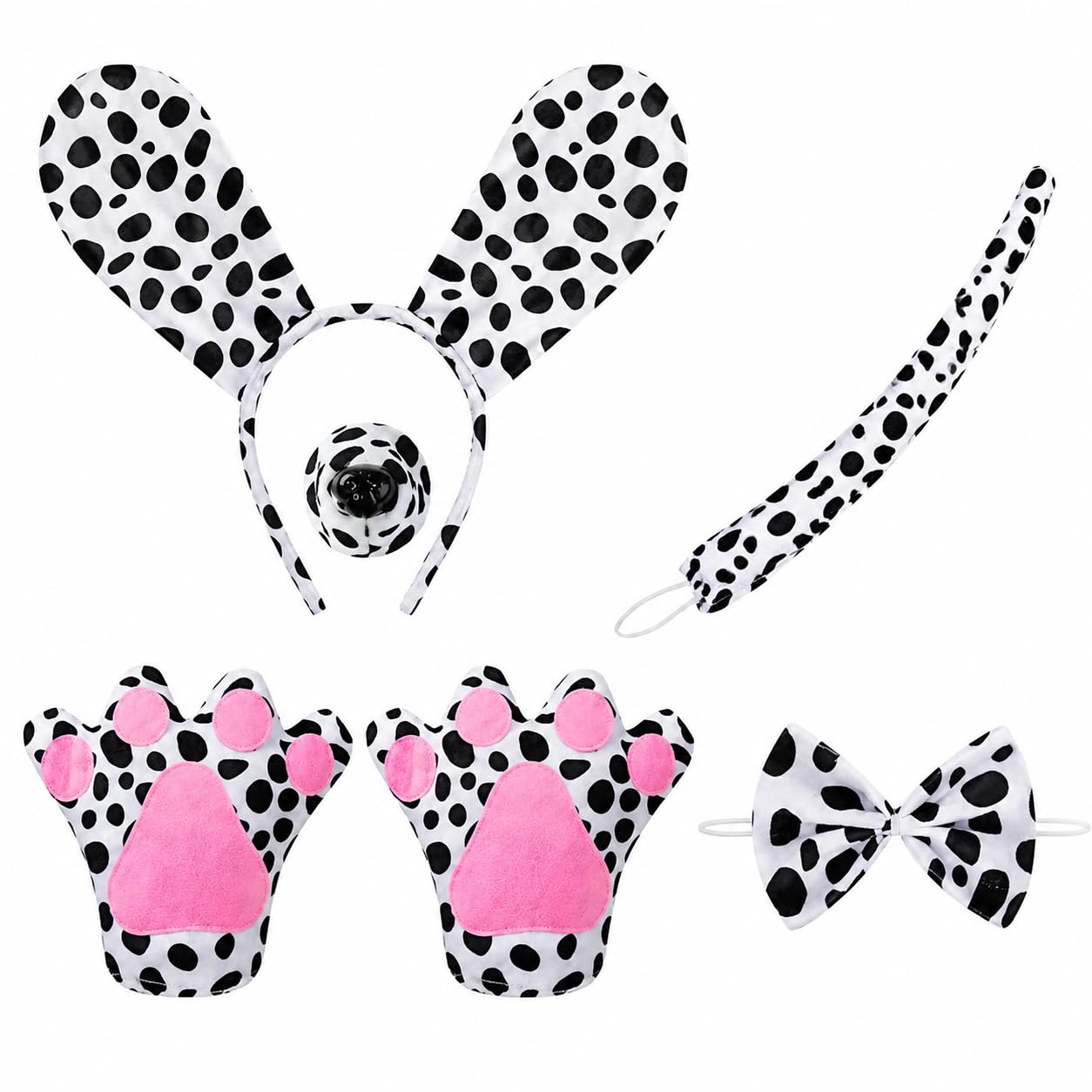 ALLGAYER 5 Piece Black and White Spotted Dog Costume Set,Dalmatian Puppy Ears Headband Tail Bowtie Nose Fingerless Gloves Kit for Adults,Halloween Cosplay Fancy Dress Party Accessories (Dalmatian)