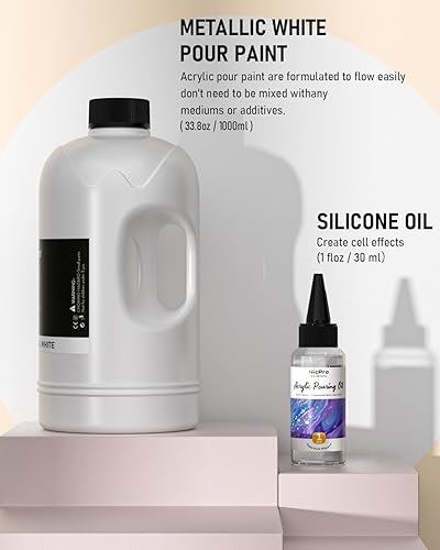 Miniatura 2 de Nicpro Pintura acrílica blanca metálica de color perla para verter, suministros de pintura premezclada de 33.8 onzas con aceite de silicona
