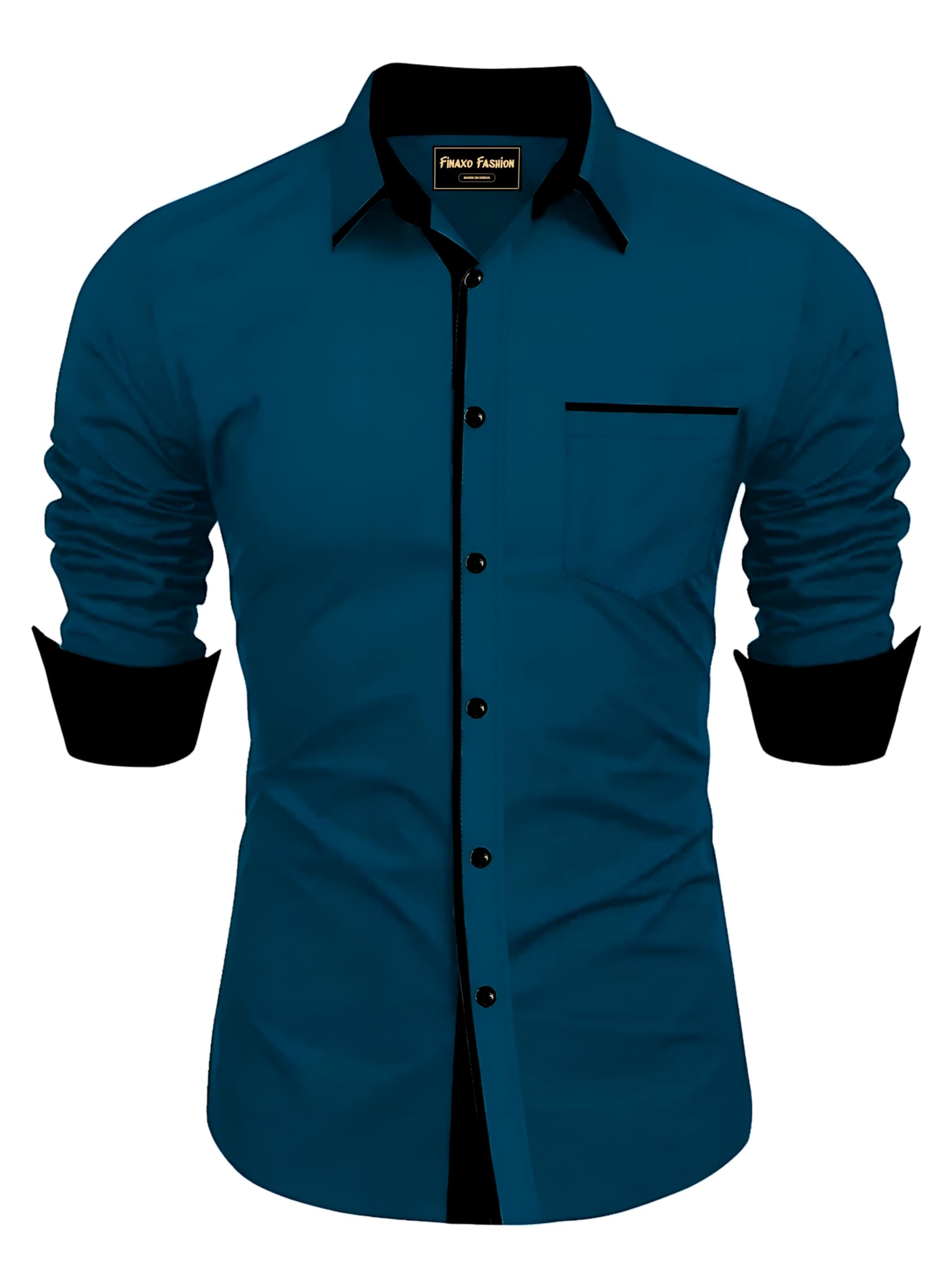 finaxo fashion Mens Teal Blue Solid Poly Cotton Long Sleeve Spread Collor Reguler Fit Casual Stylist Smart Shirt with Single Designer Pocket | Stylish Slim Collar Casual Shirt for Men (1016-XL)-picture-17