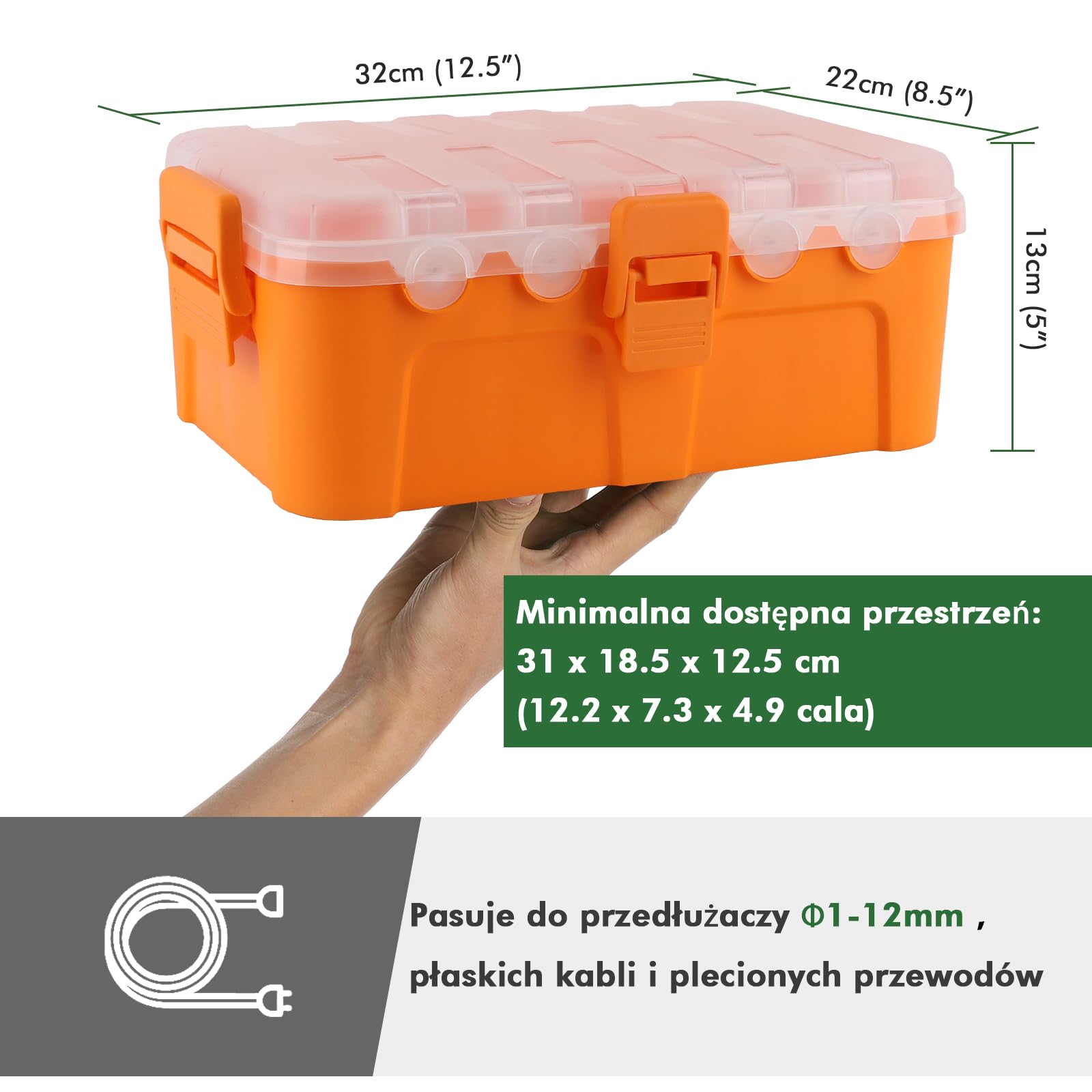 RESTMO Bardzo duża wodoszczelna skrzynka na kable, IP54, do użytku na zewnątrz, przezroczysta pokrywa, odporna na warunki atmosferyczne, skrzynka ochronna na listwy zasilające, 32 x 22 x 13 cm,