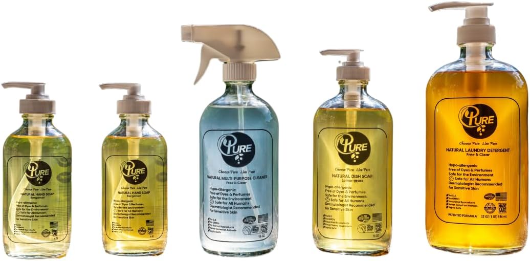 Pure Natural Cleaners Variety Pack Free & Clear Laundry Detergent, Liquid Hand Soap, Multi-Surface Cleaner, DishSoap, Plant-Based Products, Eco-Friendly, Biodegradable, Free of Harmful preservatives