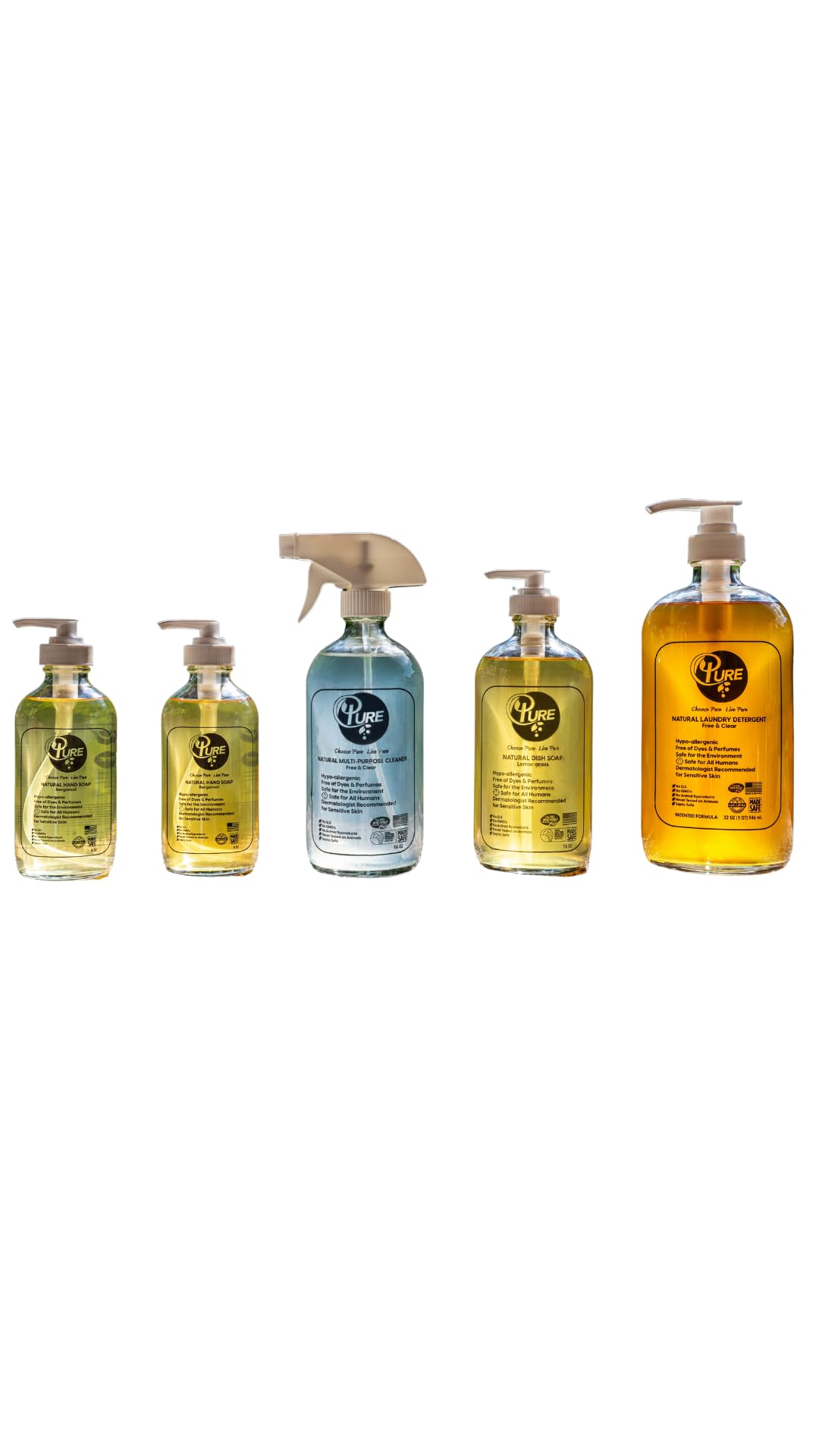 Pure Natural Cleaners Variety Pack Free & Clear Laundry Detergent, Liquid Hand Soap, Multi-Surface Cleaner, DishSoap, Plant-Based Products,