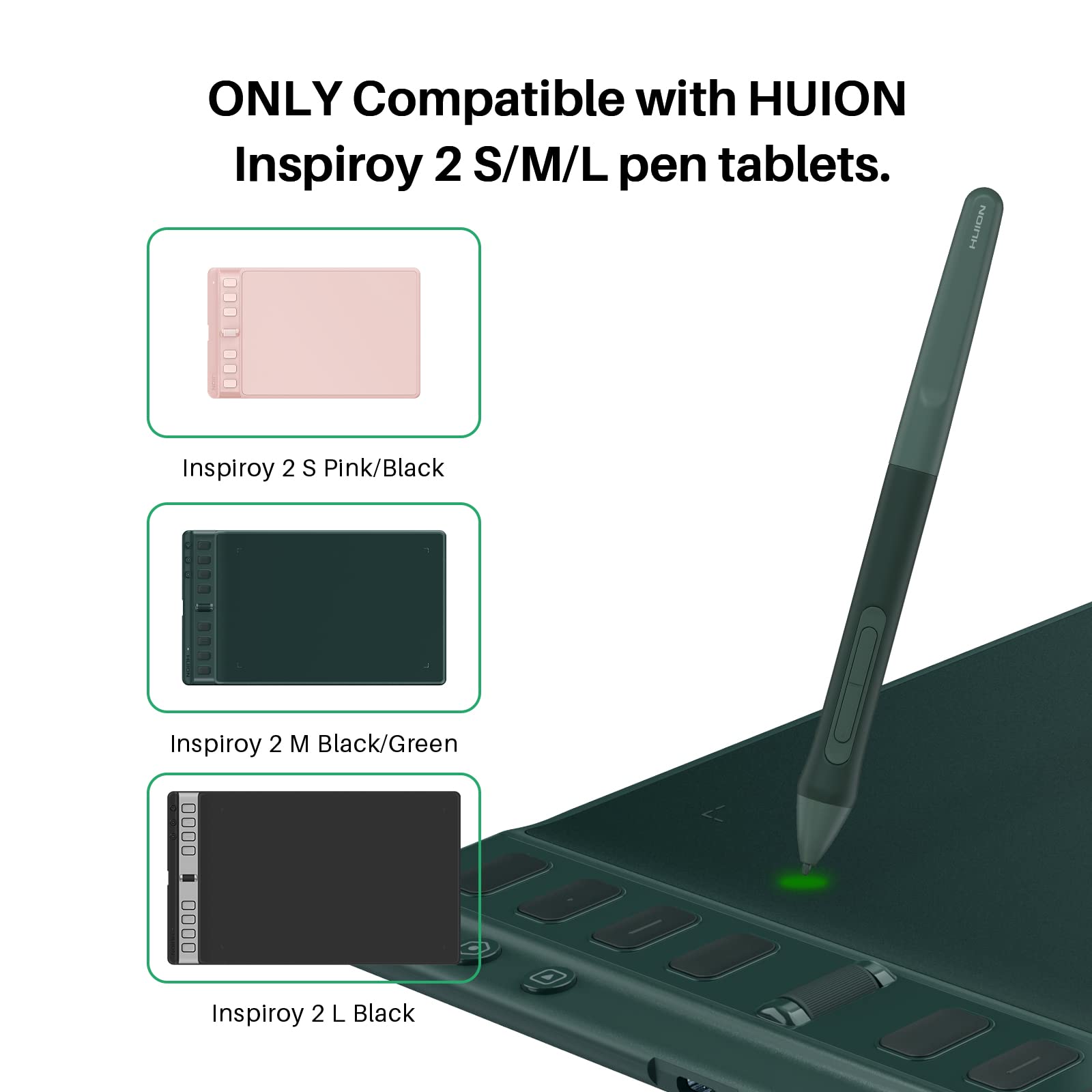 HUION PW110 PenTech 3.0 cyfrowy długopis bez baterii, przedłużony silikonowy uchwyt, 2 programowalne przyciski, 8192 poziomy czułości nacisku, do Inspiroy 2 S/M/L Tablet graficzny (zielony)