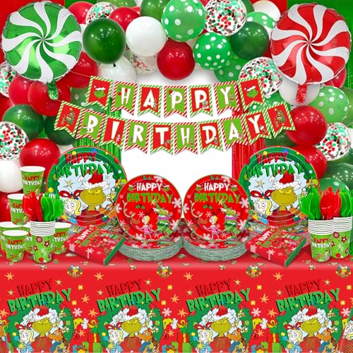 Image of 230Pcs Christmas Birthday Party Supplies Christmas Birthday Decorations with Christmas Birthday Banner Christmas Tableware for Christmas Party Decorations Happy Holidays Decorations