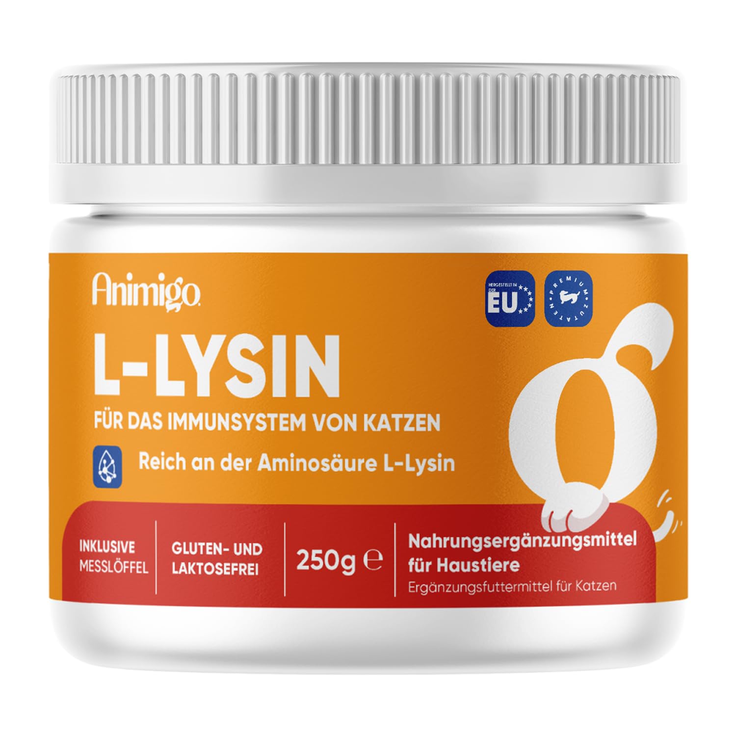 animigo L-Lysin für Katzen - 250g Pulver - Essenzielle Aminosäure L Lysin - Inklusive Messlöffel - Frei von Gluten & Laktose - Für jeden Alters - Ergänzungsfuttermittel für Katzen
