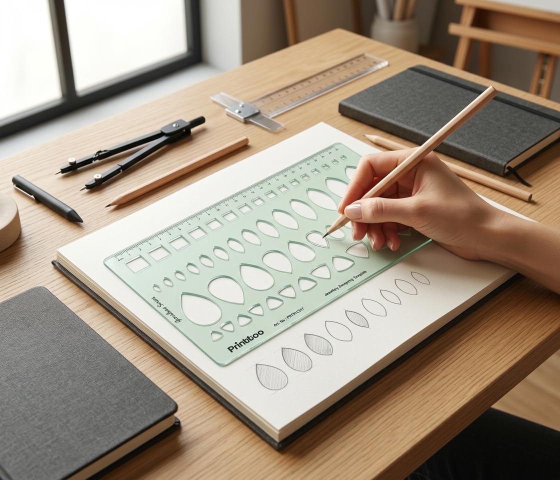 Printtoo Jewellery Designing Template Ruler, Transparent Green Acrylic Gemstone Stencil with 5 Shapes in Multiple Sizes for Jewellery Sketching, Drafting, Design & Art