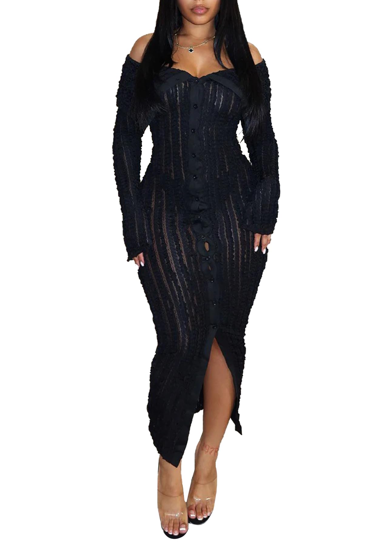 Tcremisa Women's Elegant Off Shoulder Dress Sexy Long Sleeve Button Down Ruffle Mesh Bodycon Long Dresses