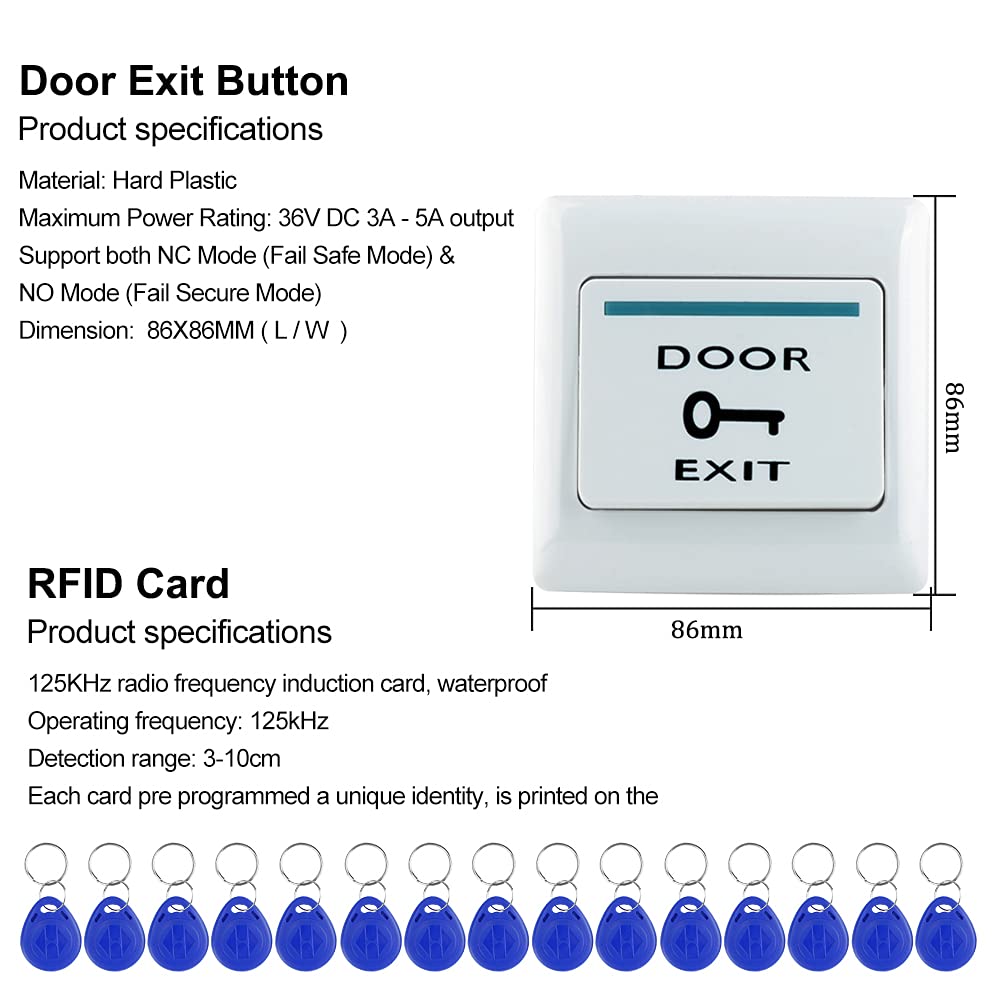 KUMU Sistema di Controllo Accessi Porta RFID Impermeabile Tastiera in Metallo+Serratura Elettrica con Catenaccio +Copertura Antipioggia +Pulsante di Uscita + 15pcs Portachiavi per Casa/Ufficio