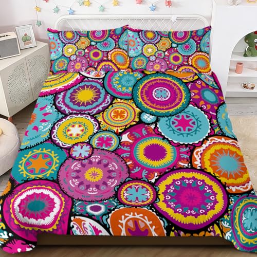 BlessLiving Boho Bedding Colorful Moroccan Duvet Cover Purple Pink Teal Orange 3 Piece Medallion bedspread King Size